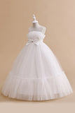 Green Strapless Tulle A Line Flower Girl Dress with Bow