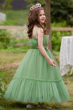 Green Strapless Tulle A Line Flower Girl Dress with Bow