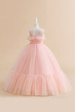 Green Strapless Tulle A Line Flower Girl Dress with Bow