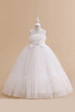 Green Strapless Tulle A Line Flower Girl Dress with Bow