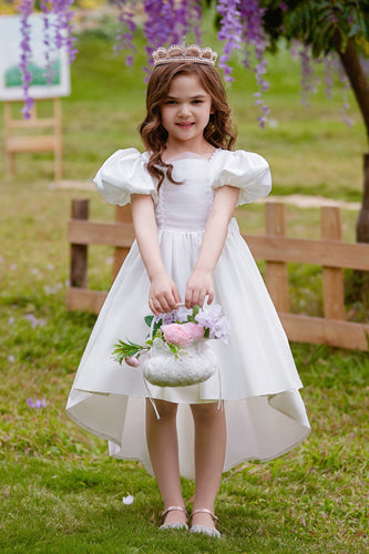 White High-low Flower Girl Dress with Bow