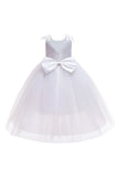 White Weeding Flower Girl Dress with Bow