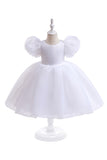 White Tulle A Line Flower Girl Dress with Puff Sleeves