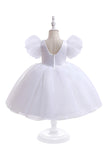 White Tulle A Line Flower Girl Dress with Puff Sleeves