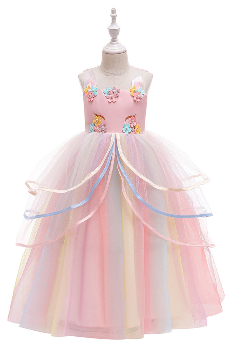 Load image into Gallery viewer, Pink A Line Tulle Girl&#39;s Party Dress with 3D Flowers