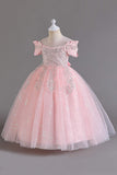 Pink Off the Shoulder A Line Flower Girl Dress with Bow