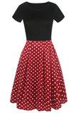 Boat Neck Printed Black 1950s Dress with Short Sleeves