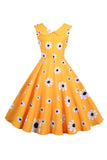 Sleeveless Printed Yellow 1950s Dress