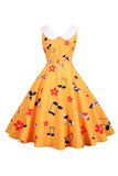 Printed Sleeveless Yellow Vintage Dress