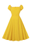 Yellow Polka Dots Square Neck Vintage Dress