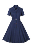 Navy Short Sleeves Button 1950s Dress