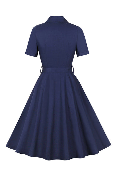 Zapaka Women Navy 1950s Dress Short Sleeves Button Swing Retro Dress ...