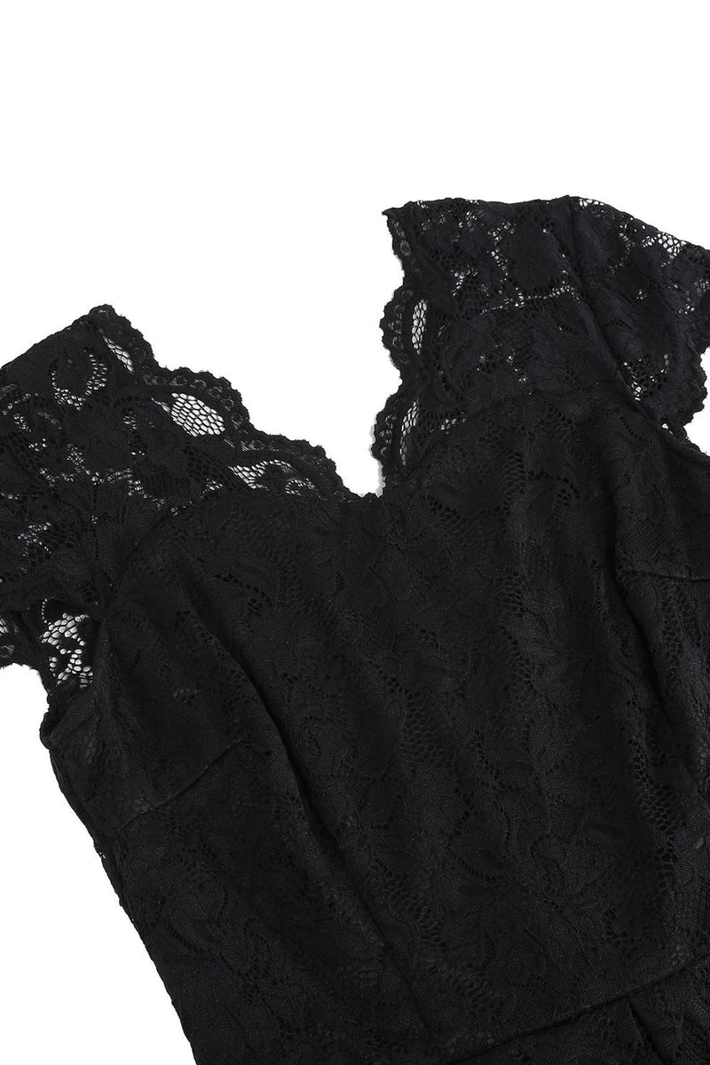 Load image into Gallery viewer, V Neck Black Lace Hepburn Style 1950s Dress