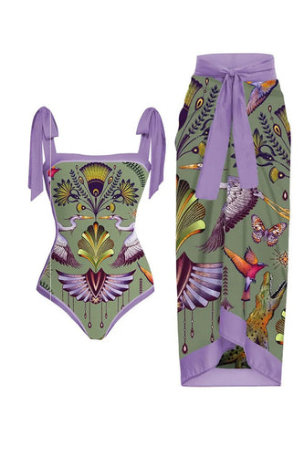 Purple One Piece Printed Swimwear with Beach Skirt