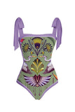 Purple One Piece Printed Swimwear with Beach Skirt