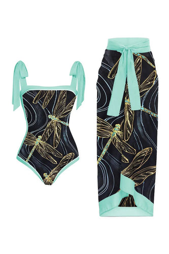 Green Printed One Piece Beach Swimwear with Beach Skirt
