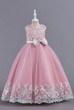 Pink Sleeveless Round Neck Applique Girls Dresses With Bowknot