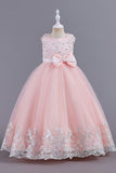 Pink Sleeveless Round Neck Applique Girls Dresses With Bowknot