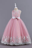 Pink Sleeveless Round Neck Applique Girls Dresses With Bowknot