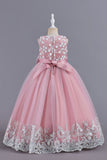 Pink Sleeveless Round Neck Applique Girls Dresses With Bowknot