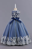 Pink Sleeveless Round Neck Applique Girls Dresses With Bowknot