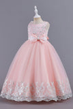 Pink Sleeveless Round Neck Applique Girls Dresses With Bowknot