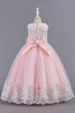 Pink Sleeveless Round Neck Applique Girls Dresses With Bowknot