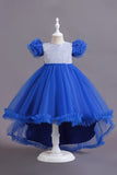 A Line Tulle Pink Sequins Puff Sleeves Girls Dresses With Bow
