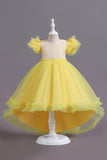 A Line Tulle Pink Sequins Puff Sleeves Girls Dresses With Bow