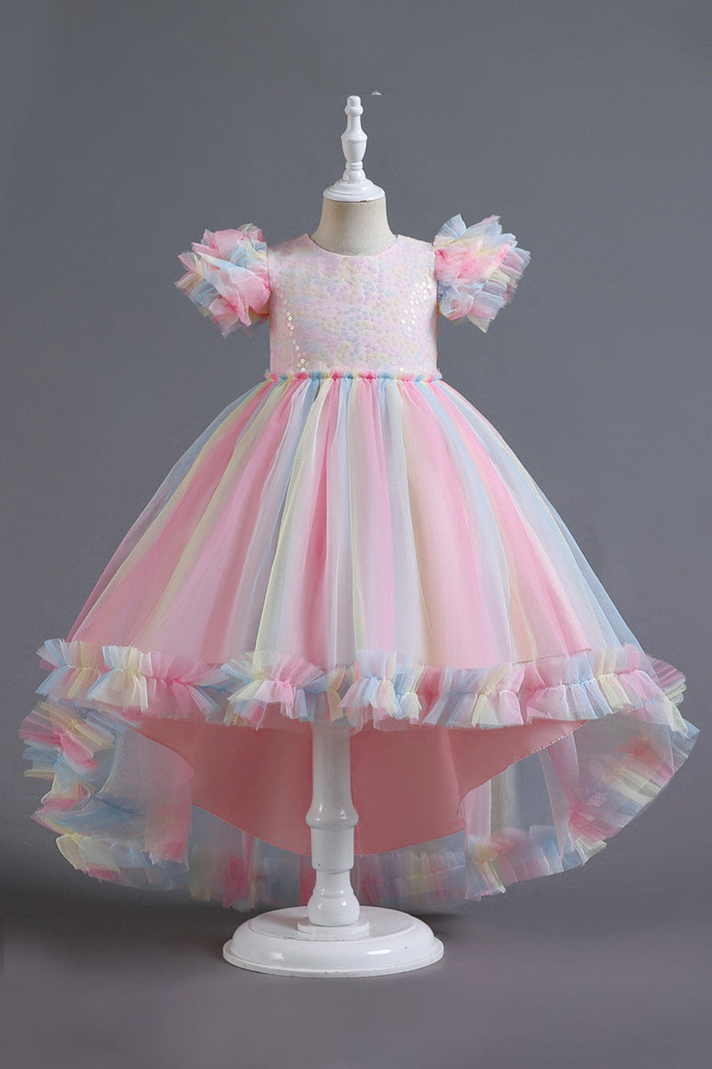 Load image into Gallery viewer, A Line Tulle Pink Sequins Puff Sleeves Girls Dresses With Bow