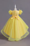 A Line Tulle Pink Sequins Puff Sleeves Girls Dresses With Bow