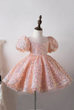 Blue A Line Puff Sleeves Sequins Girls Dresses