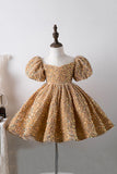 Blue A Line Puff Sleeves Sequins Girls Dresses