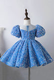 Blue A Line Puff Sleeves Sequins Girls Dresses