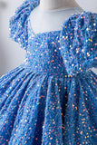 Blue A Line Puff Sleeves Sequins Girls Dresses