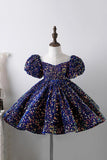 Blue A Line Puff Sleeves Sequins Girls Dresses