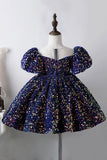 Blue A Line Puff Sleeves Sequins Girls Dresses