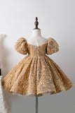 Blue A Line Puff Sleeves Sequins Girls Dresses