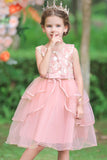 Pink A Line Appliques Sleeveless Round Neck Girls Dresses