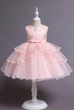 Pink A Line Appliques Sleeveless Round Neck Girls Dresses