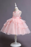 Pink A Line Appliques Sleeveless Round Neck Girls Dresses