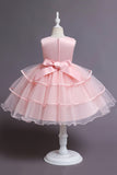 Pink A Line Appliques Sleeveless Round Neck Girls Dresses