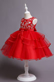 Pink A Line Appliques Sleeveless Round Neck Girls Dresses