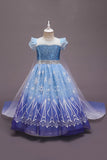 A Line Blue Puff Sleeves Sequins Girls Dresses