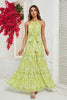 Load image into Gallery viewer, Green Printed Halter Long Summer Dress With Belt