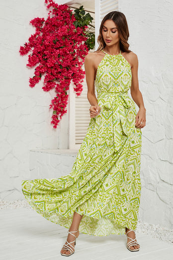 Green Printed Halter Long Summer Dress With Belt