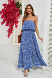 Blue Printed Strapless Long Summer Dress With Slit