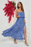 Blue Printed Strapless Long Summer Dress With Slit