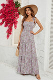 Khaki Printed Tie Strap Square Neck Long Summer Dress