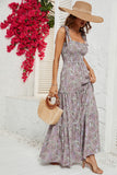 Khaki Printed Tie Strap Square Neck Long Summer Dress